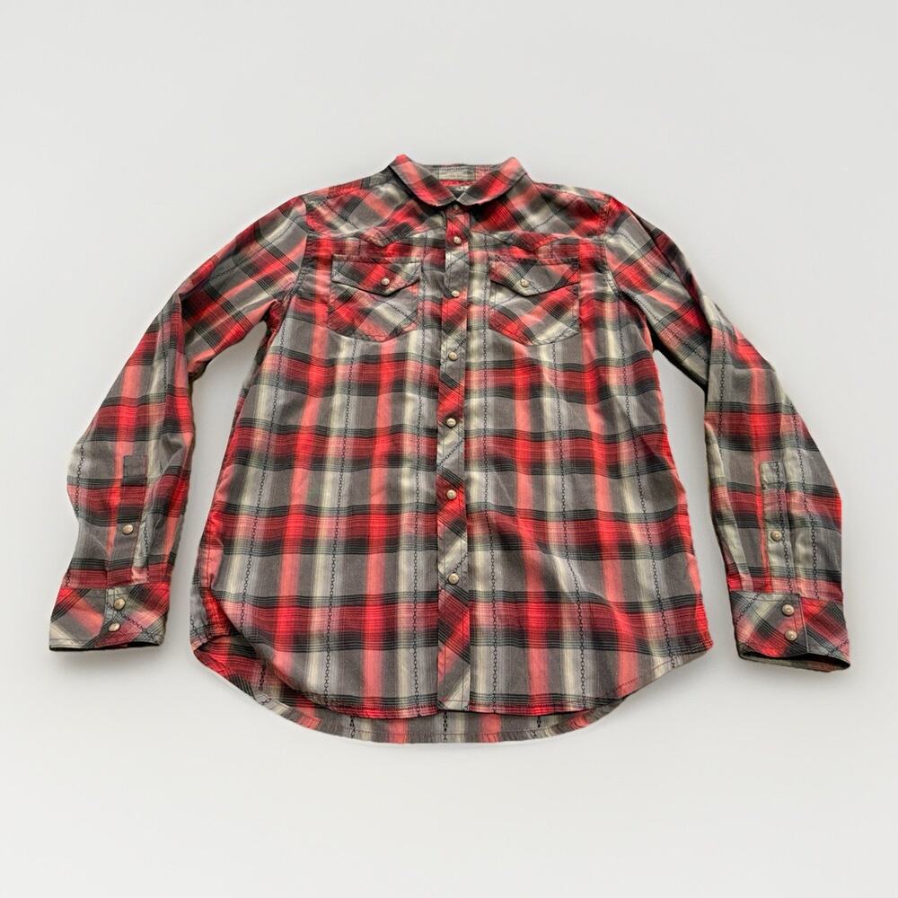 prAna Mens Red Gray Plaid Holstad Long Sleeve Snap On Shirt Size M M2HOLS314